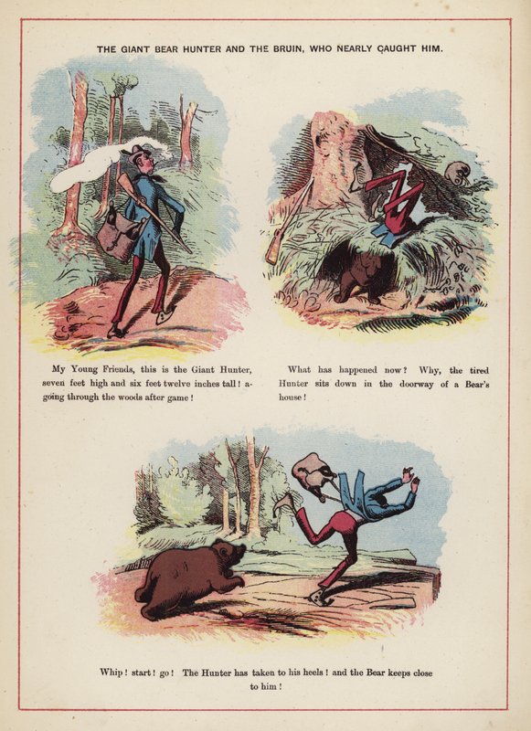 Den kæmpe bjørnejæger og Bruin, der næsten fangede ham (farve litho) af English School