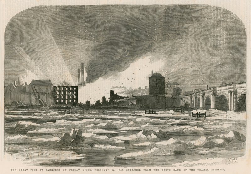 Den store brand ved Bankside fredag aften den 14. februar 1855, skitseret fra Themsens nordlige bred af English School
