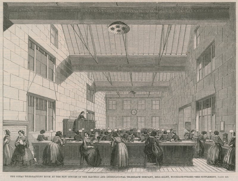 Det store telegrafrum på de nye kontorer for Electric and International Telegraph Company af English School