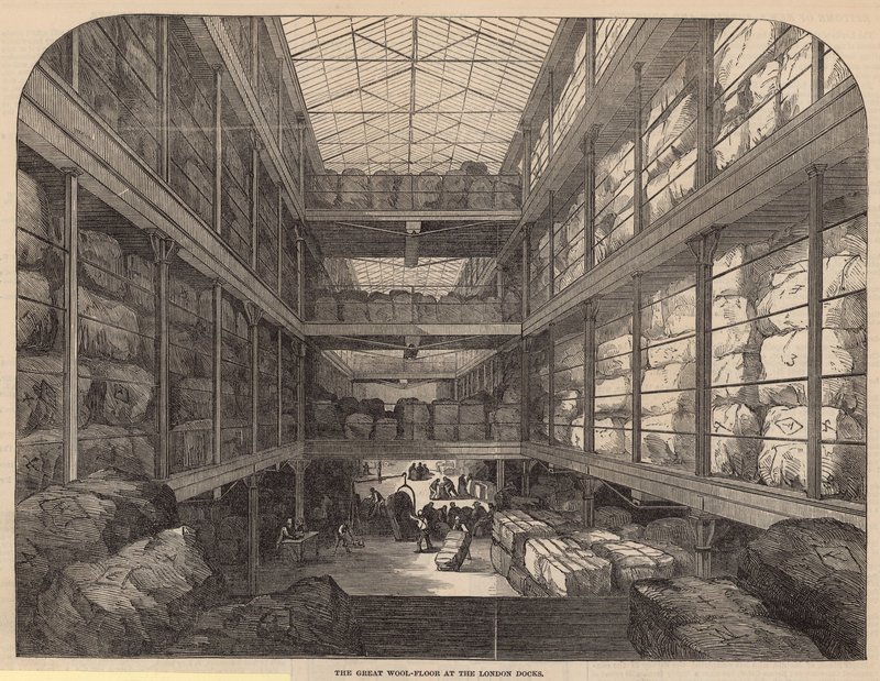 Det store uldgulv ved London Docks af English School