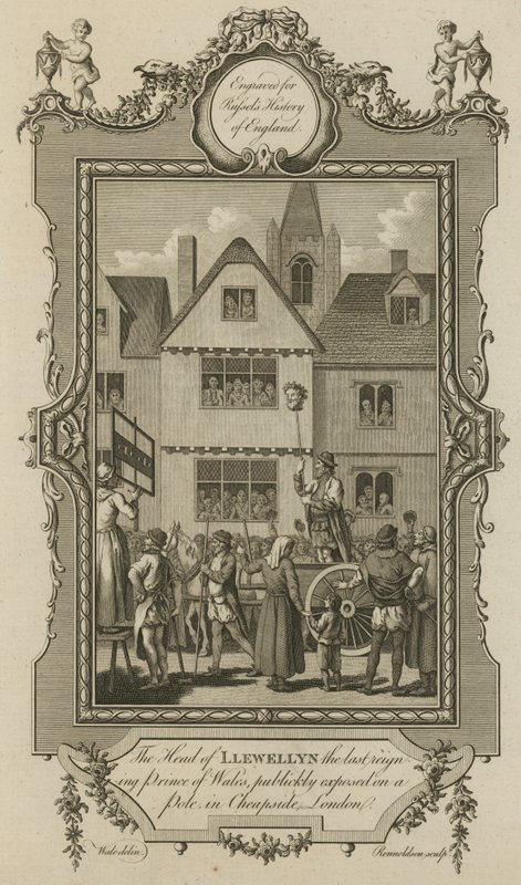 Lederen af Llewellyn, den sidste regerende prins af Wales, afsløret offentligt på en pæl i Cheapside, London af English School