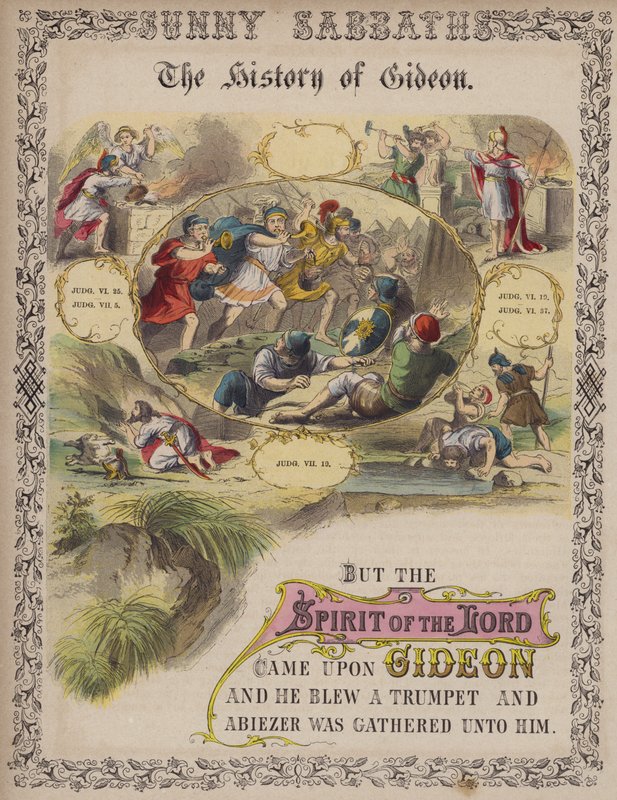 Gideons historie (farvet gravering) af English School