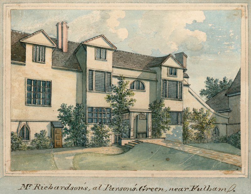 Samuel Richardsons hjem i Parsons Green, nær Fulham, London (wc på papir) af English School