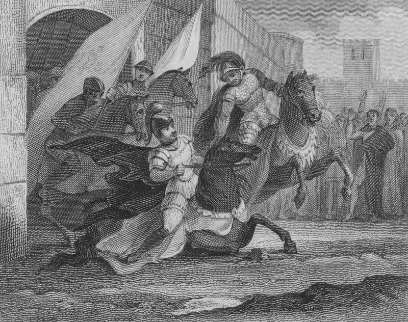 Hesten af Alboin, langobardernes konge, falder, da han går ind i byen Pavia, 572 af English School