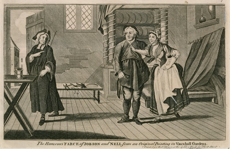 Den humoristiske farce af Jobson og Nell fra et originalt maleri i Vauxhall Gardens, London af English School
