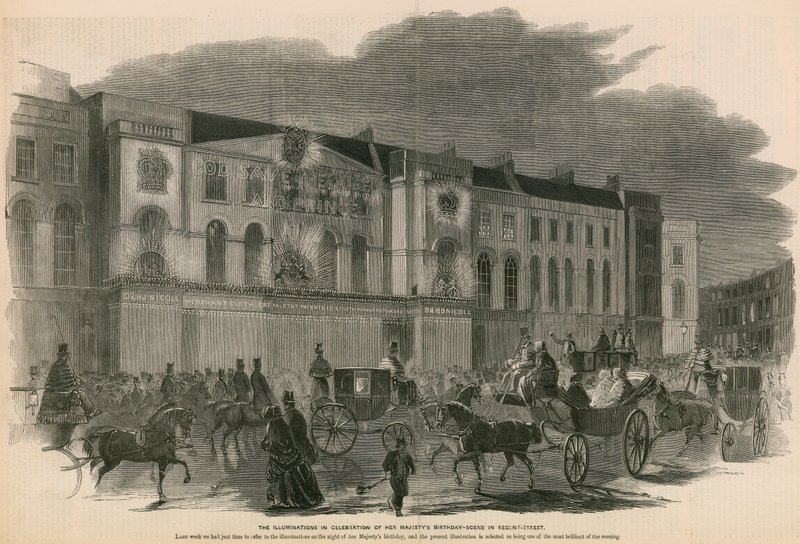 Belysningerne til fejring af Hendes Majestæts fødselsdag - scene i Regent Street, London af English School
