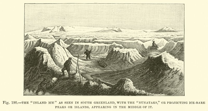 The inland ice as seen in South Greenland, with the Nunataks, or projecting ice-bare peaks or islands, appearing in the middle of it  af English School