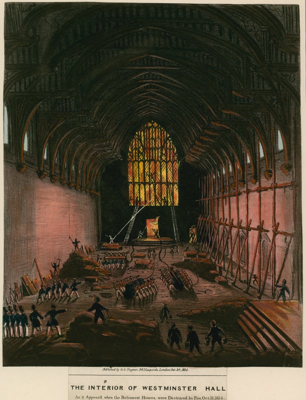 Interiøret af Westminster Hall, som det så ud, da parlamentets huse blev ødelagt af brand af English School