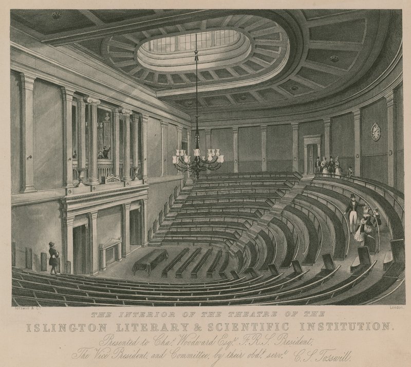 Det indre af teatret i Islington Literary and Scientific Institution af English School