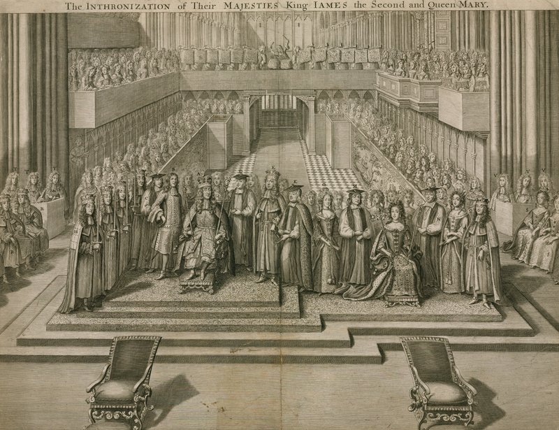 Trongørelsen af deres Majestæter, King James II og Queen Mary, i Westminster Abbey af English School