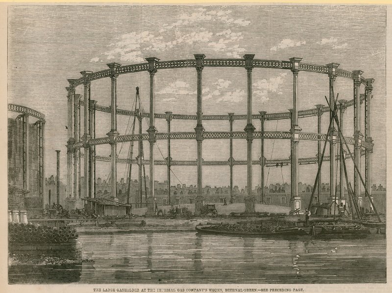 Den store gasholder på Imperial Gas Companies-værket, Bethnal Green, London af English School
