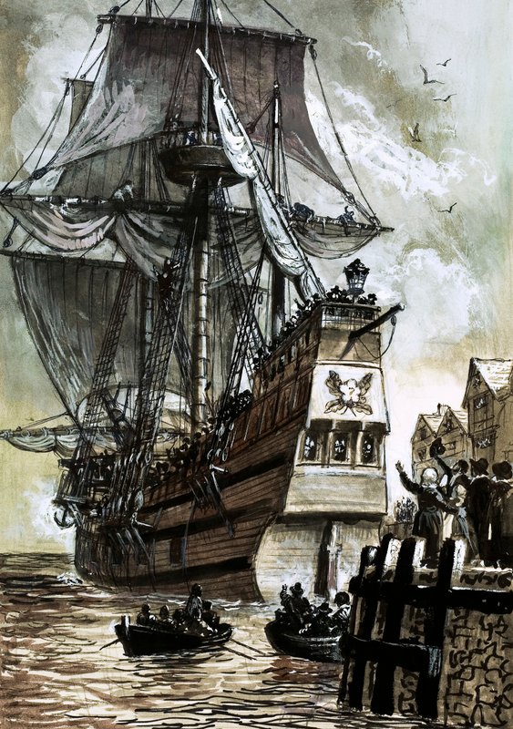 Det sidste syn af pilgrimsfædrene var Southampton dock (gouache på papir) af English School
