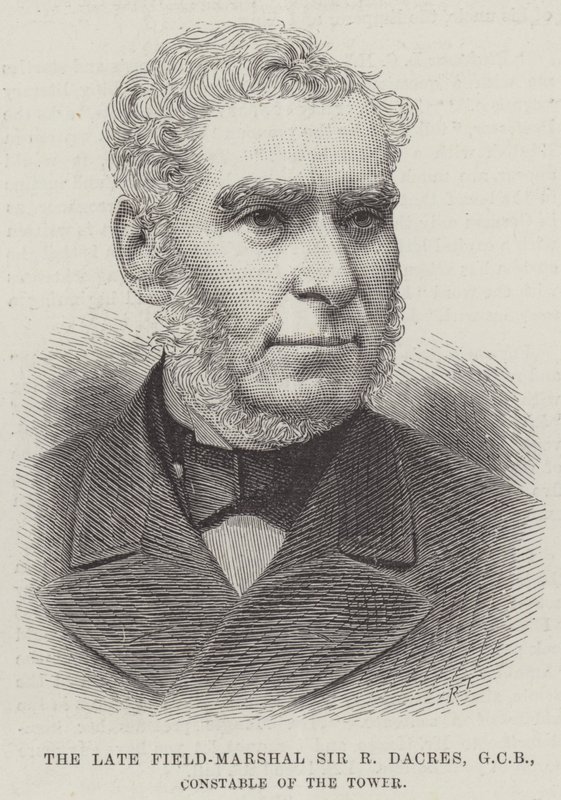 Den afdøde feltmarskal Sir R Dacres, GCB, tårnkonstabel (gravering) af English School