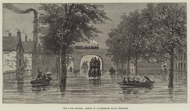 De sene oversvømmelser, scene i Caversham Road, Reading (gravering) af English School