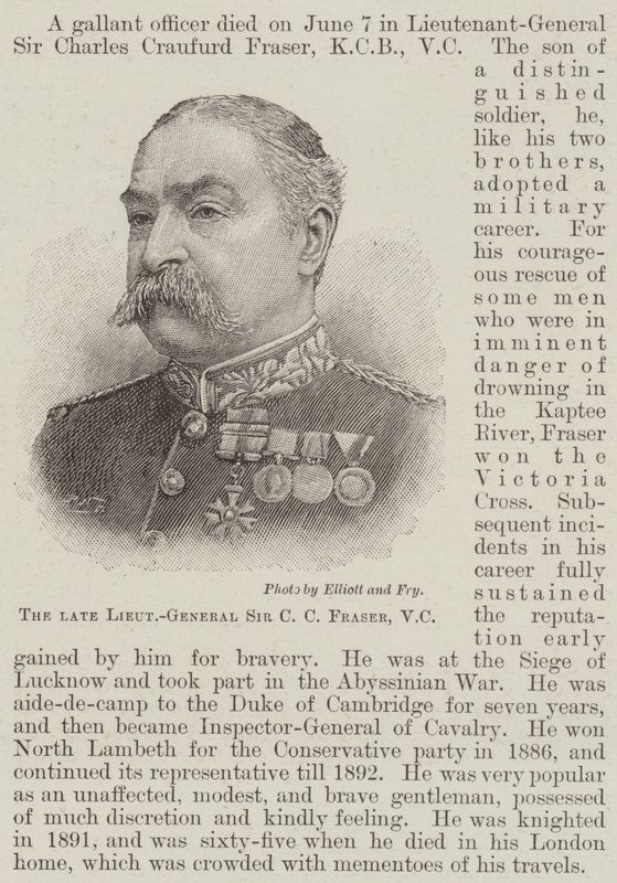 Den afdøde generalløjtnant Sir CC Fraser, VC (gravering) af English School
