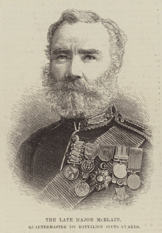 Den afdøde major McBlain, kvartermester 1. bataljon Scots Guards (gravering) af English School
