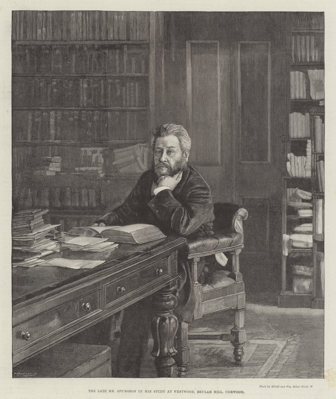 Afdøde hr. Spurgeon i sit studie i Westwood, Beulah Hill, Norwood (gravering) af English School