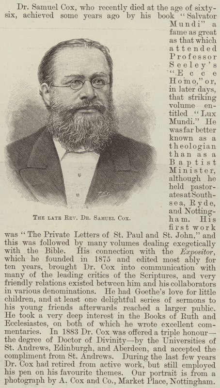 Den afdøde pastor Dr. Samuel Cox (gravering) af English School