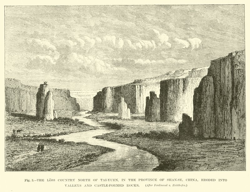 The loss country north of Tai-Yuen, in the province of Shan-se, China, eroded into valleys and castle-formed rocks  af English School