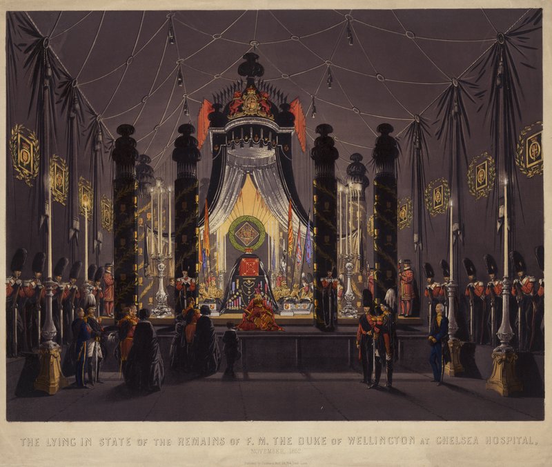 De liggende i tilstanden af resterne af F M The Duke of Wellington på Chelsea Hospital, november 1852 (farvet gravering) af English School