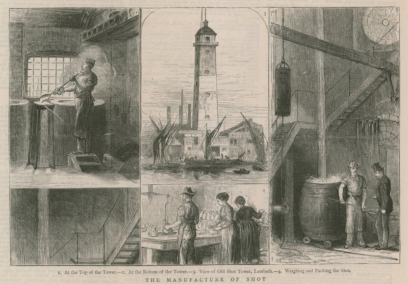 Fremstilling af skud; udsigt over Old Shot Tower, Lambeth af English School