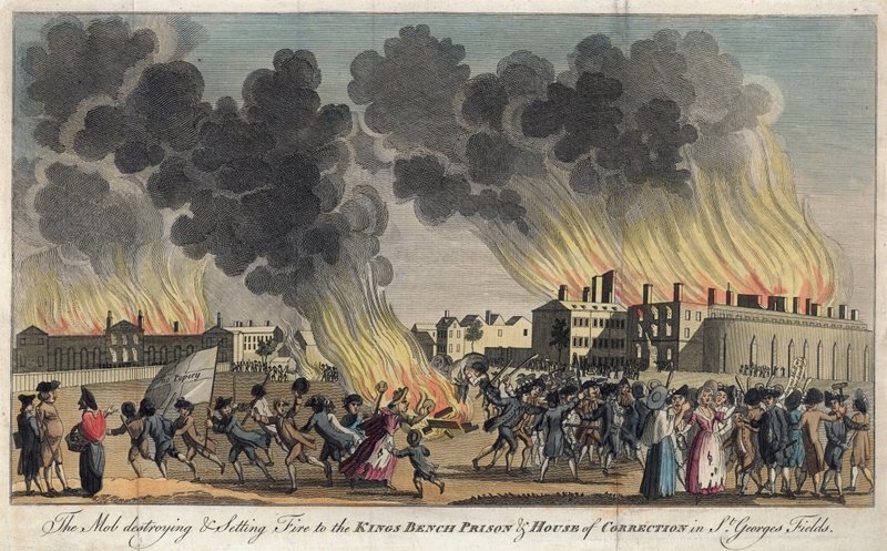 Pøbelen ødelægger og sætter ild til Kings Bench Prison og House of Correction i St Georges Fields af English School