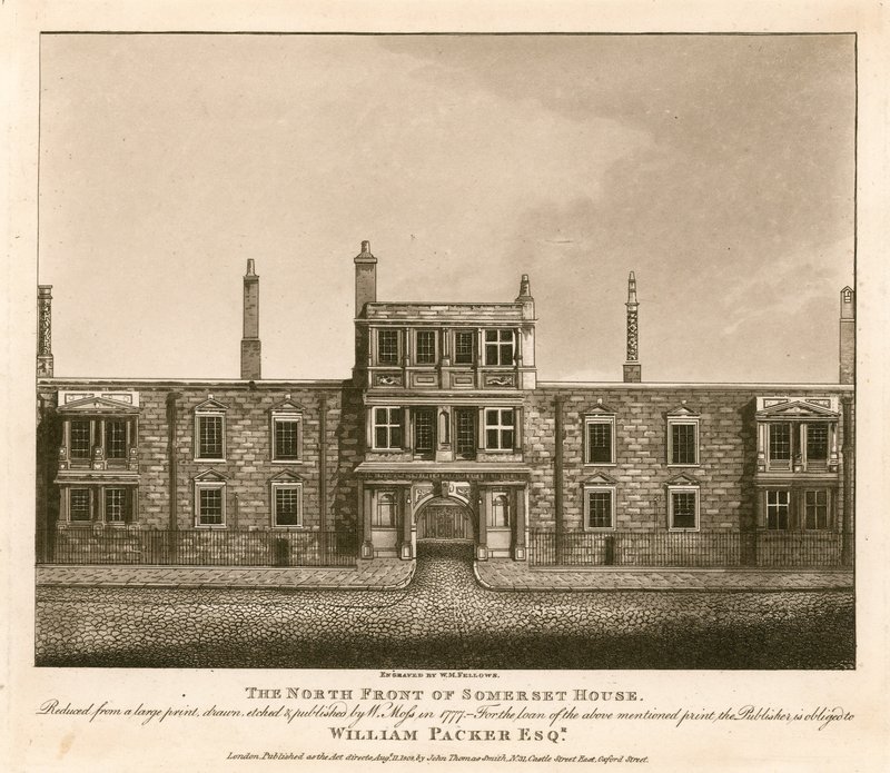 Nordfronten af Somerset House, The Strand, London, baseret på et tryk tegnet af W. Moss i 1777 af English School