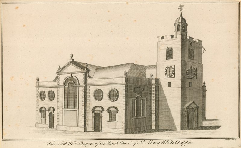Den nordvestlige udsigt til Parish Church of St Mary, Whitechapel, London af English School
