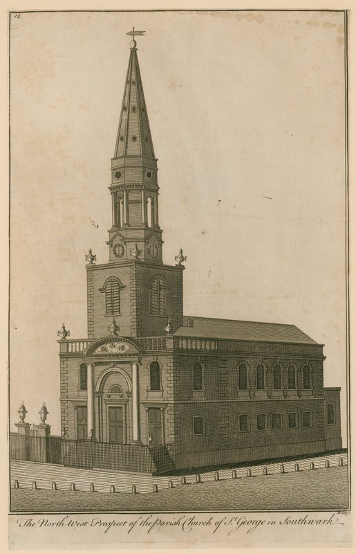 Den nordvestlige udsigt til sognekirken St George i Southwark, London af English School