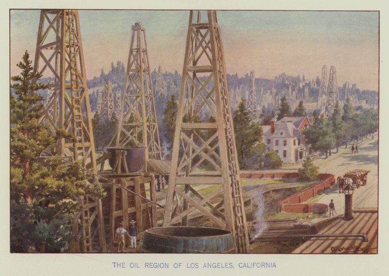 Olieregionen i Los Angeles, Californien (farve litho) af English School