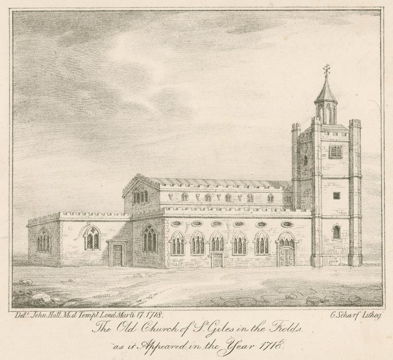 Den gamle kirke St Giles in the Fields, London, som den så ud i år 1718 af English School