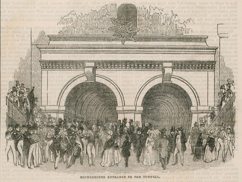 Åbningen af Thames Tunnel; Rotherhithe indgangen til tunnelen af English School