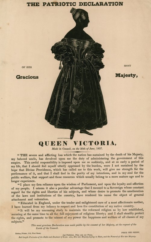 Den patriotiske erklæring fra hendes allernådigste Majestæt Dronning Victoria, fremsat i råd den 20. juni 1837 af English School