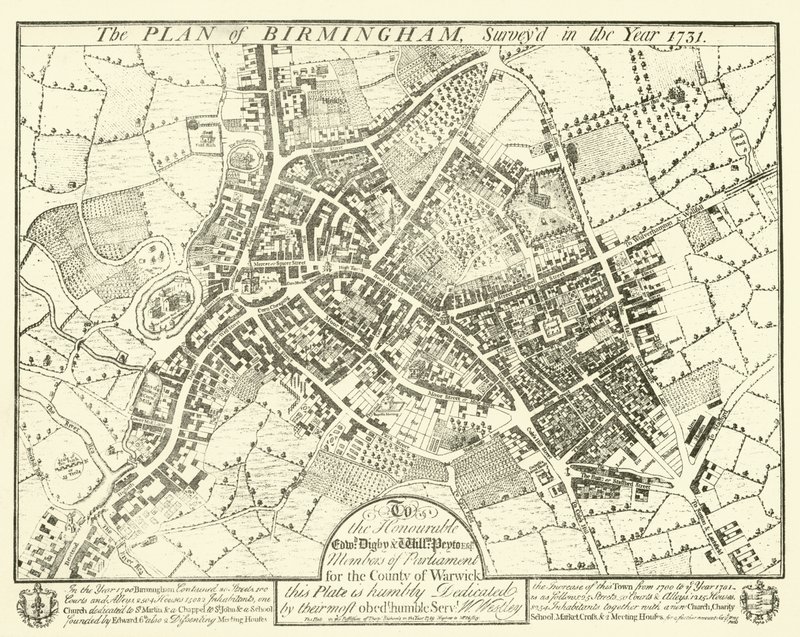 Planen for Birmingham, undersøgt i år 1731 af English School
