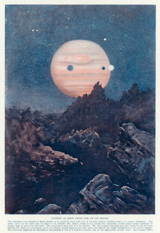 Planeten Jupiter set fra en af dens måner (litografi i farver) af English School