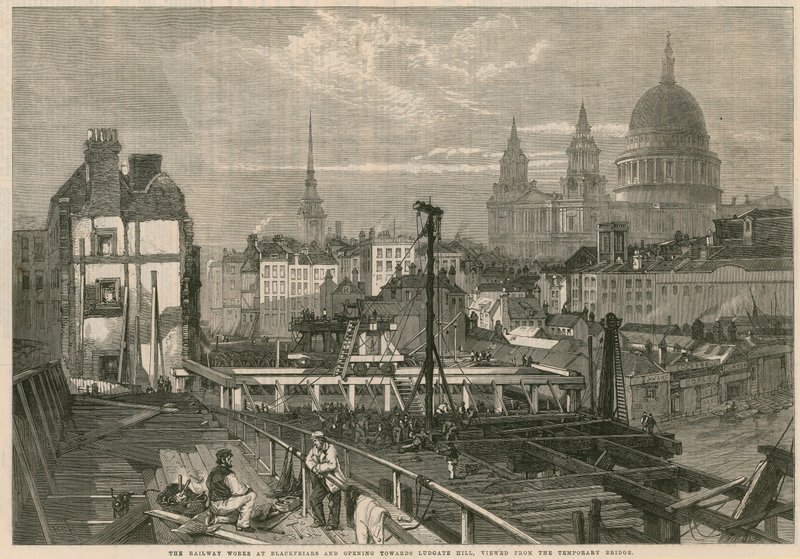 Jernbanen arbejder ved Blackfriars og åbner mod Ludgate Hill, London, set fra den midlertidige bro af English School