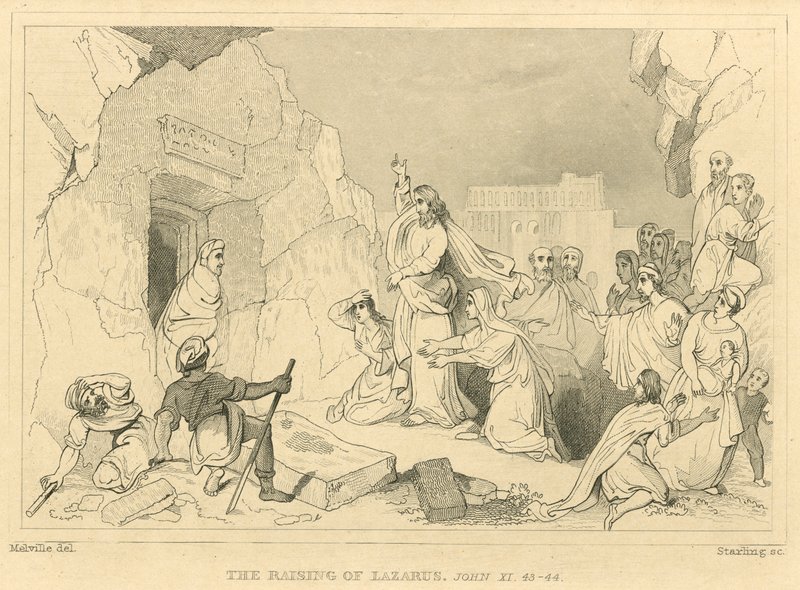 The raising of Lazarus, Johannes XI, 43-44 (gravering) af English School