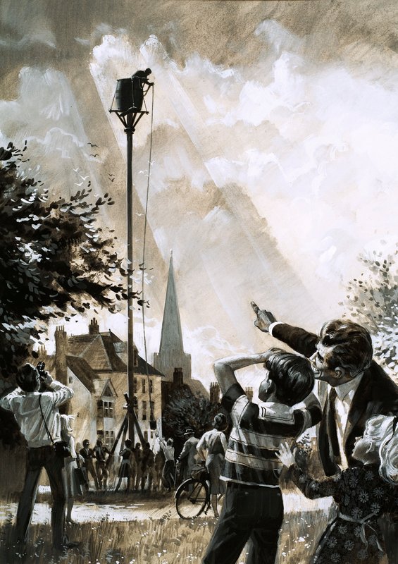 Rekorden for at sidde op ad en stang blev holdt af Jim Dean fra Dallas, Texas (gouache på papir) af English School