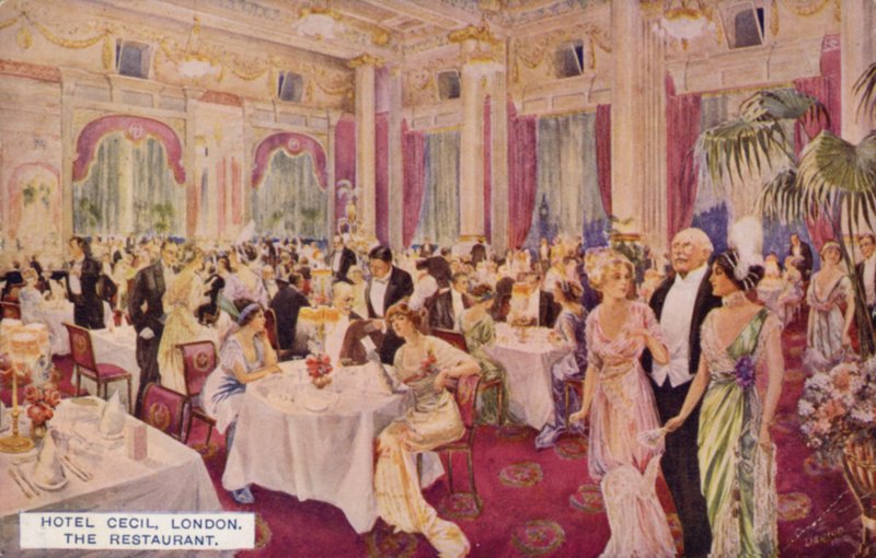 Restauranten, Hotel Cecil, London (farvelitografi) af English School