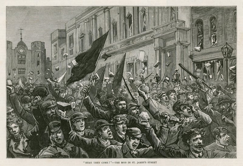 Optøjerne i Londons West End, 8. februar 1886: Here They Come! - Pøbelen i St Jamess Street, London af English School