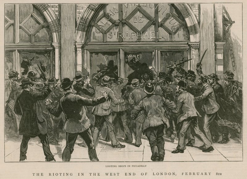 Optøjerne i West End i London, 8. februar 1886: Plyndrer butikker i Piccadilly af English School