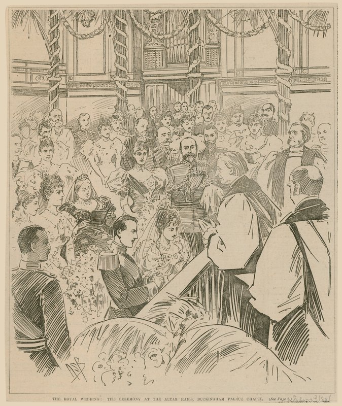 Det kongelige bryllup, ceremonien ved alterskinnerne, Buckingham Palace Chapel, 23. juli 1896 af English School