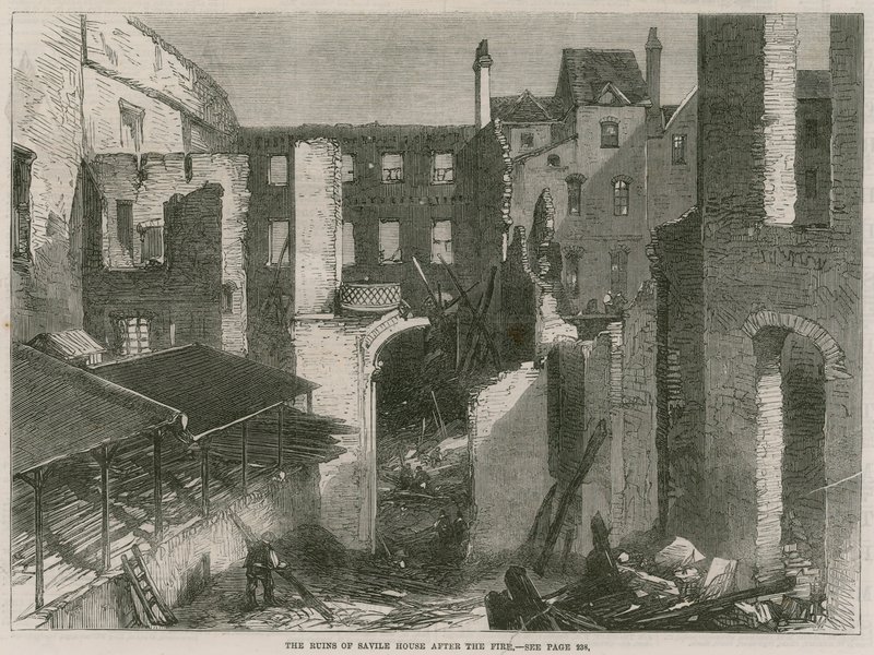 Ruinerne af Savile House, Leicester Square, London, efter branden af English School