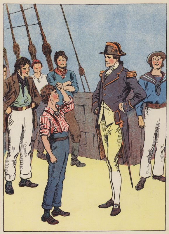 Sømandsdrengen tilbyder at slutte sig til flåden (farve litho) af English School