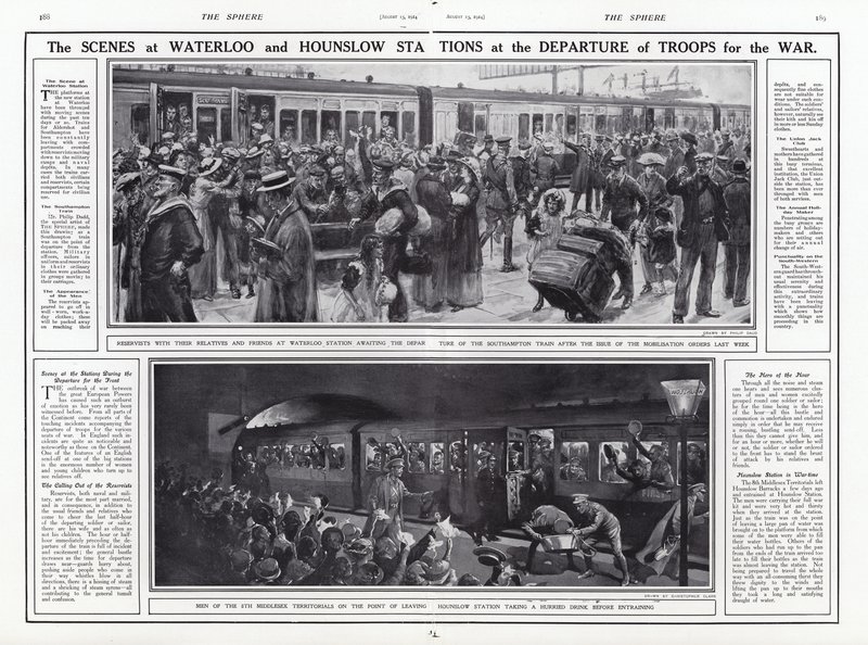 Scenerne på Waterloo- og Hounslow-stationerne ved troppernes afgang til krig, Første Verdenskrig, august 1914 af English School