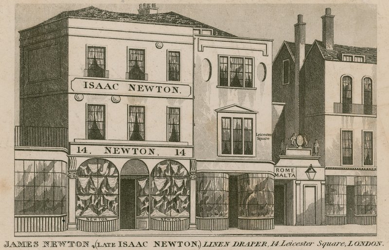 Butikkens front af Isaac Newton, linneddraper på 14 Leicester Square, London af English School
