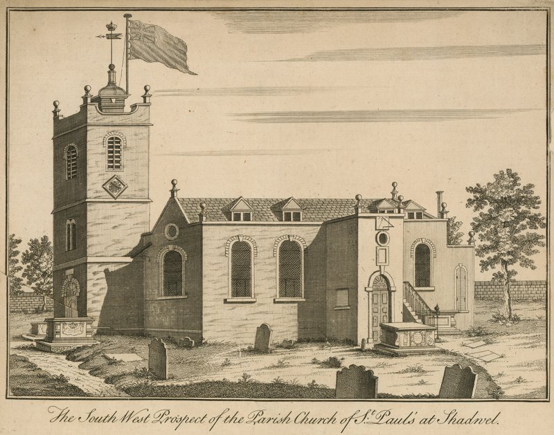 Den sydvestlige udsigt til Parish Church of St Pauls i Shadwell, London af English School