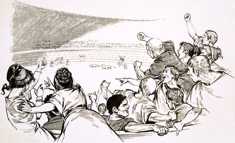 Skuespillet på gladiatorarenaen i det gamle Rom (gouache på papir) af English School