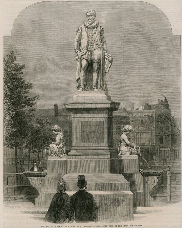 Statuen af Sir Hugh Myddleton ved Islington Green, skulptureret af afdøde John Thomas (kobberstik) af English School