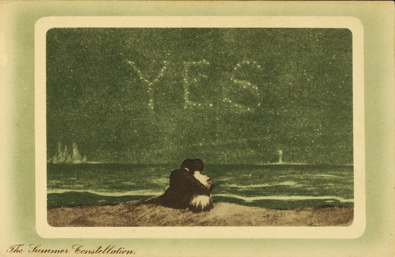 Sommerkonstellationerne: elskere på en strand om natten og ser på stjernerne (farve litho) af English School
